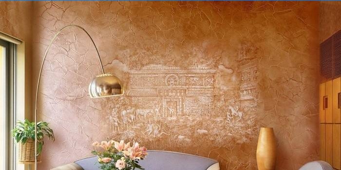 Dekorativ gips med sideneffekt och väggmålning på väggen