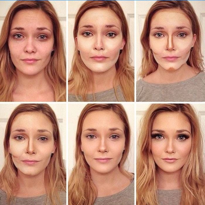 Flickans ansikte före och efter applicering av concealer