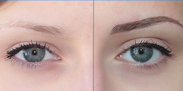 Ögonbryn av flickan före och efter tatuzh