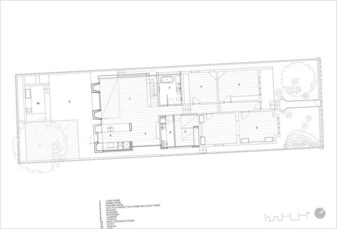 Planritning av bottenvåningen i en stuga